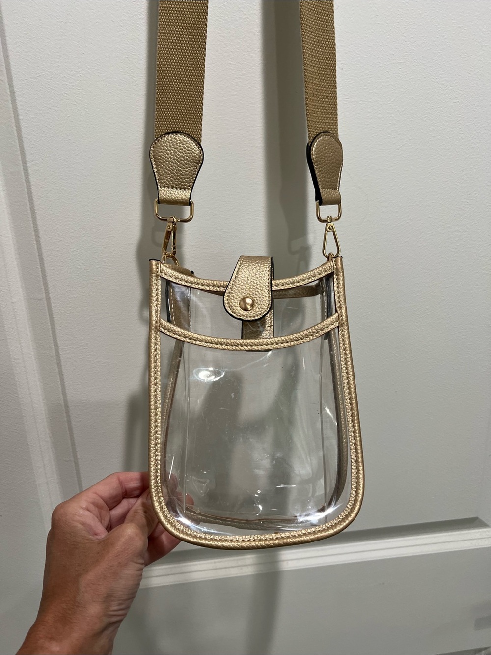 Clear Crossbody Bag with Gold Trim and Adjustable Strap